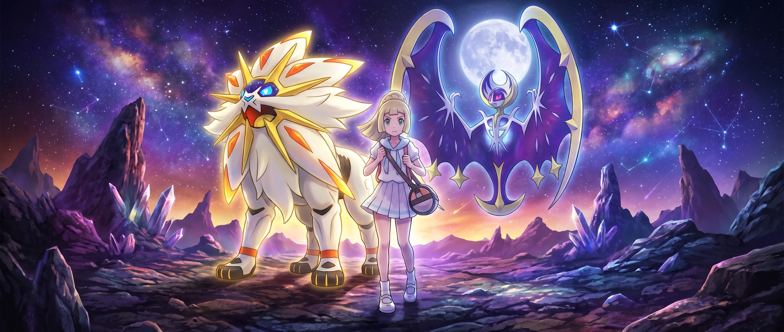 Panorama Poko·Art de Solgaleo et Lunala GX, d’après Hideki Ishikawa.