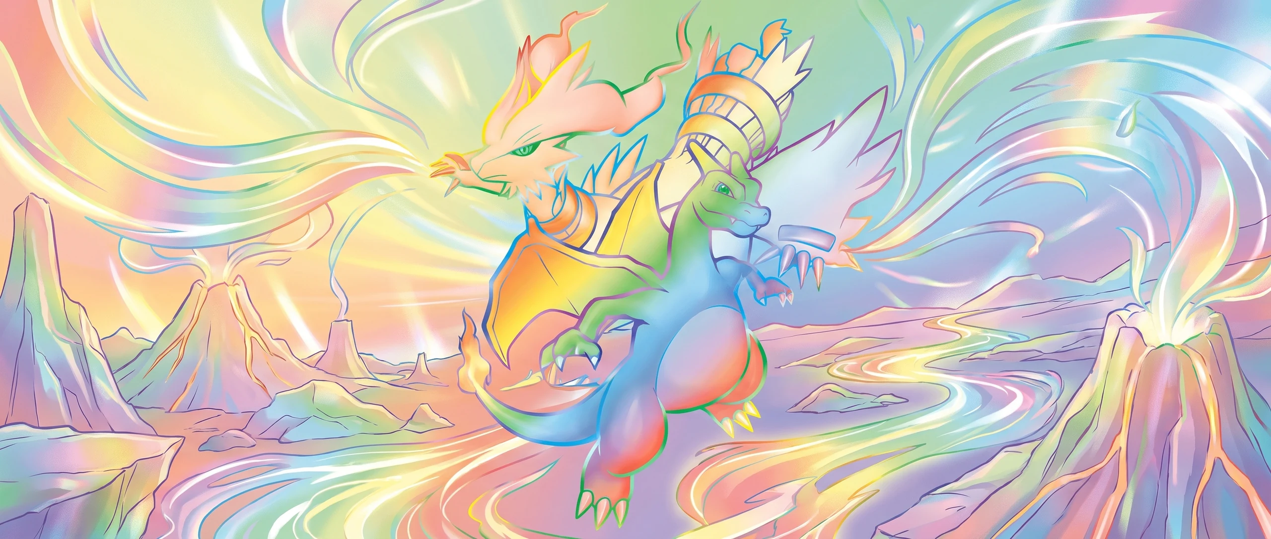 Panorama Poko·Art de Reshiram et Dracaufeu GX, d’après aky CG Works.